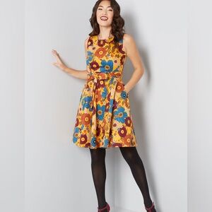 Ixia Floral Fit & Flare Midi Dress in Mustard Yellow